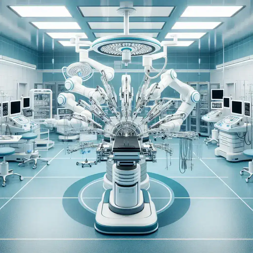 "Cirugía robótica Da Vinci en acción en un entorno hospitalario, ilustrando el uso de tecnología avanzada en procedimientos quirúrgicos en hospitales públicos y privados según su distribución regional."